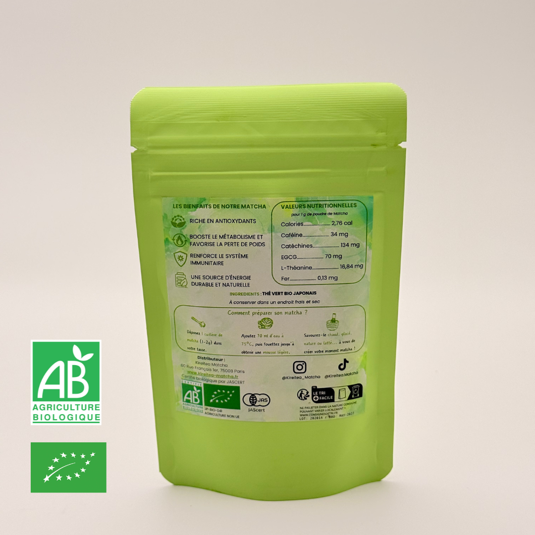 Dos du sachet de matcha bio japonais Kireitea Matcha grade ceremonial avec valeurs nutritionnelles, preparation, bienfaits et certifications bio