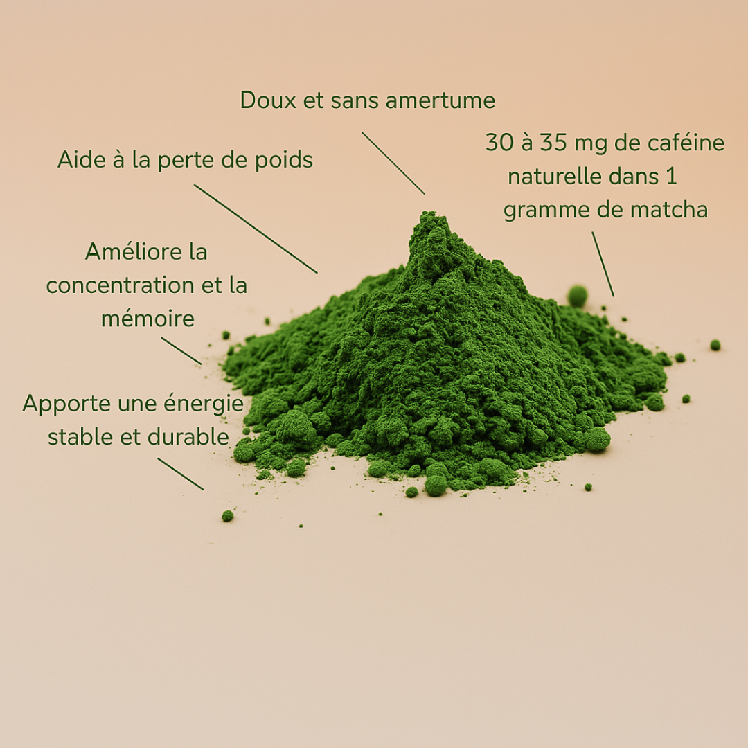 Poudre de matcha bio japonais Kireitea Matcha grade ceremonial, riche en cafeine naturelle, sans amertume, energie stable, memoire et perte de poids