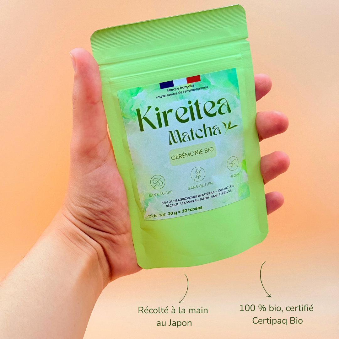 Sachet de matcha bio japonais Kireitea Matcha grade cérémonial, récolté à la main au Japon, 100% bio certifié Certipaq, sans amertume