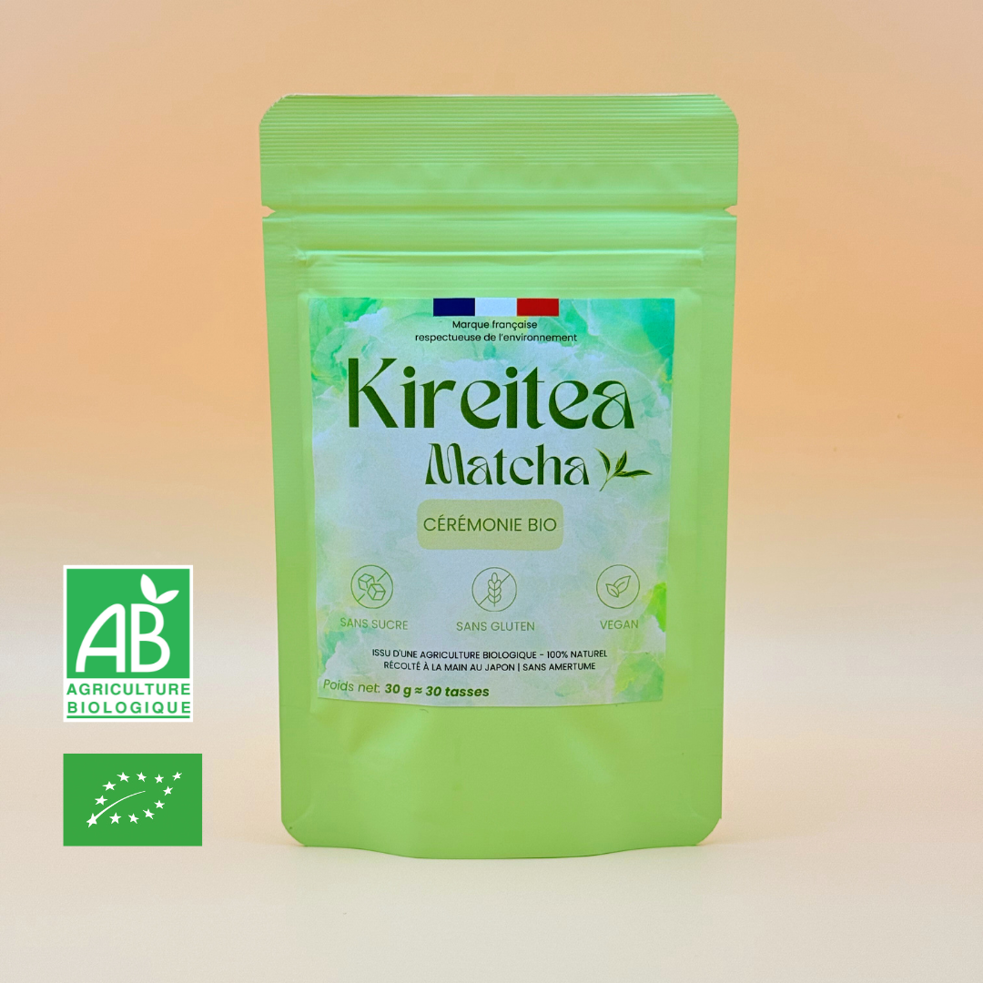 Sachet de matcha bio japonais grade cérémonial Kireitea Matcha, 30g, certifié AB, sans sucre, sans gluten, vegan