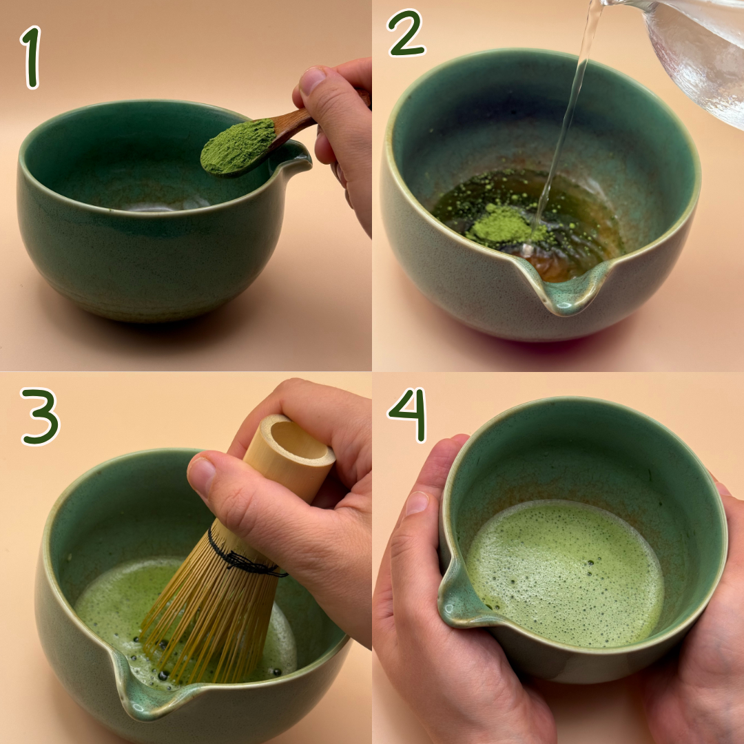 Etapes pour preparer le matcha bio Kireitea Matcha grade ceremonial : verser la poudre, ajouter l'eau chaude, fouetter avec un chasen, servir mousseux