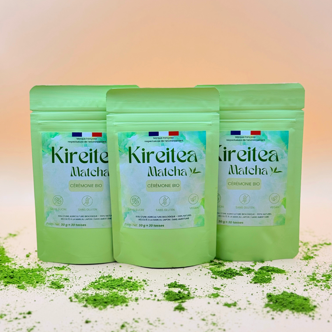 Trois sachets de matcha bio japonais Kireitea Matcha grade ceremonial, poudre verte au sol, sans sucre, sans gluten, vegan, certifie AB