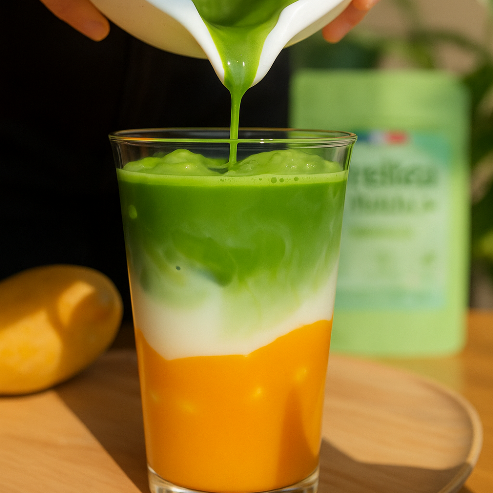 Matcha latte mangue bio Kireitea – boisson énergisante naturelle au thé vert japonais cérémonial