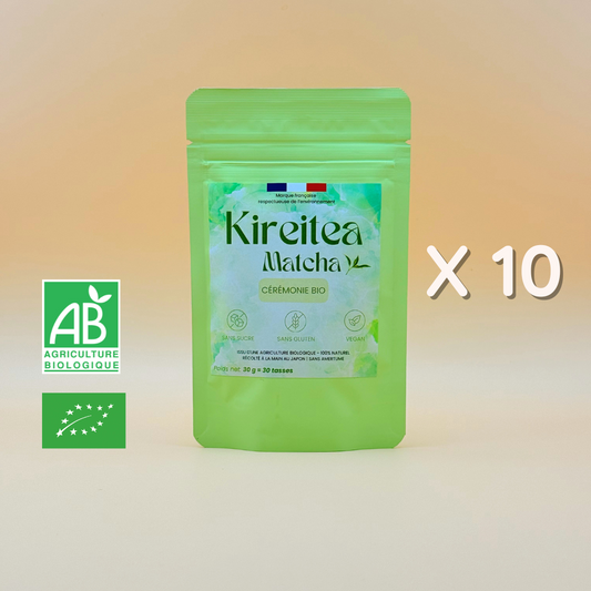 Pack x10 sachets de matcha bio japonais Kireitea Matcha grade ceremonial, certifie AB, sans sucre, sans gluten, vegan