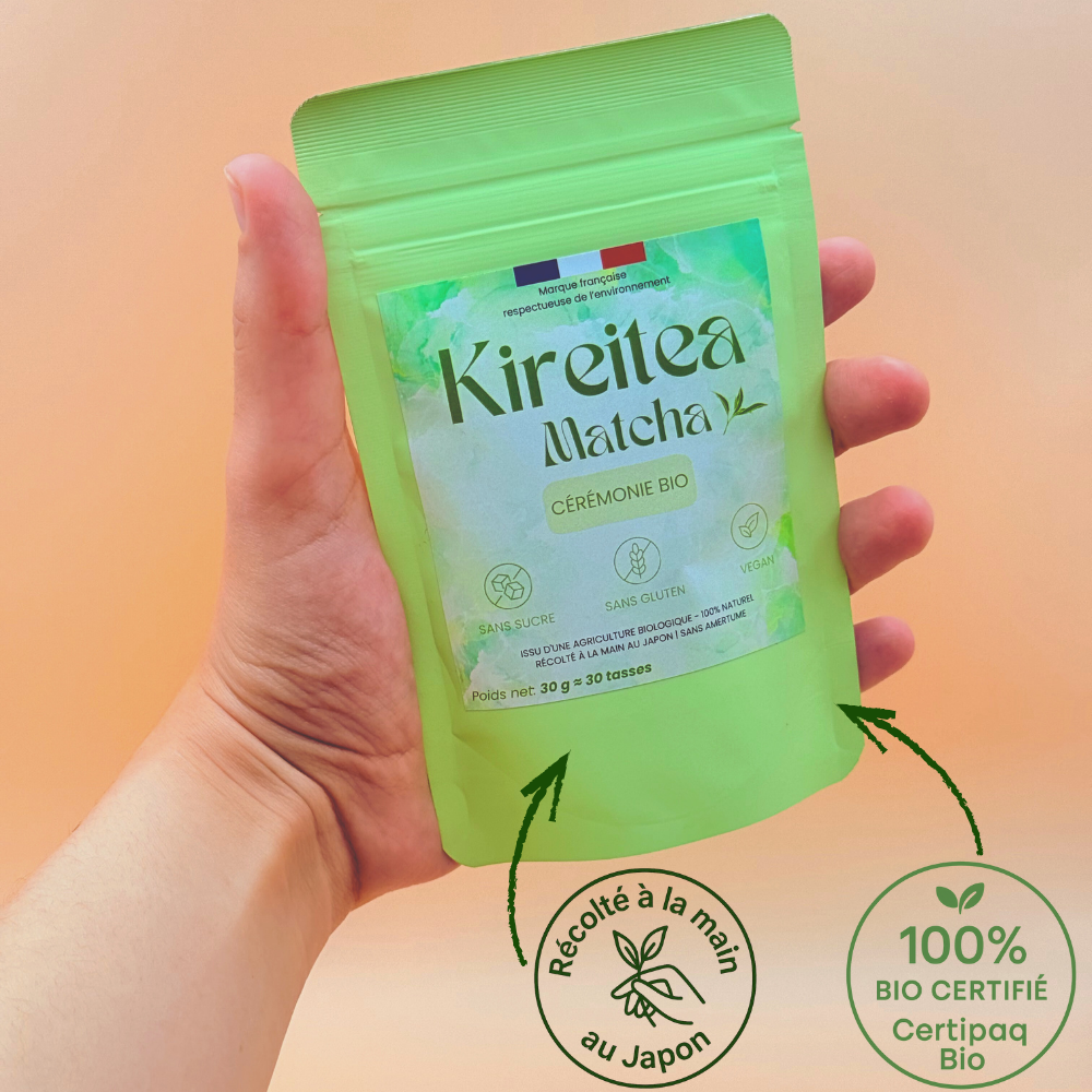Sachet de thé matcha bio japonais Kireitea – Cérémonie 2025 – récolté à la main au Japon et certifié 100 % bio Certipaq Bio
